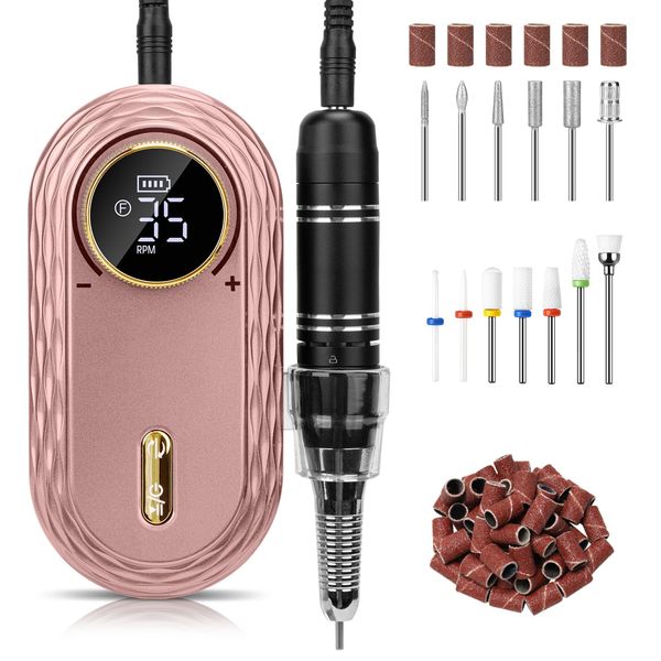 Electric Nail File Professional 35000RPM: Madenia Cordless Nail Drill Machine with Ceramic & Metal Drill Bits, Rechargeable Portable Efile for Acrylic Gel Nails Salon Home Manicure Use, Pink