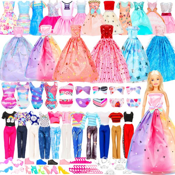 Doll Clothes and Accessories Set, Include Doll,Wedding Gown Dresses, Tops and Pants, Fashion Dresses, Swimming Suits, Shoe, Hangers,Doll Dress up Toys for Girls in Gifts Package