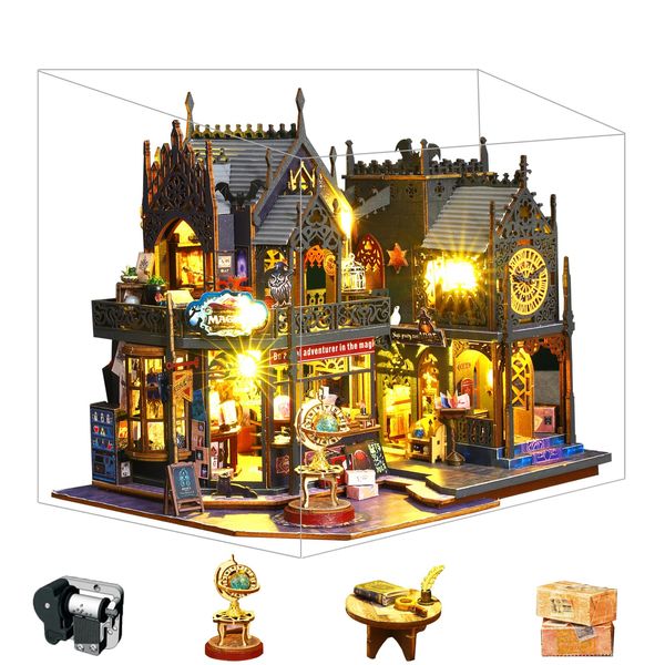 Spilay DIY Castle Building Scene Model Wooden Dollhouse Model, Miniature Dollhouse Handmade Kit Set for Beginner-(Magic House)+LED Light, Dustproof Cover -Birthday, Holiday, Christmas Gift (Holo MAGIC