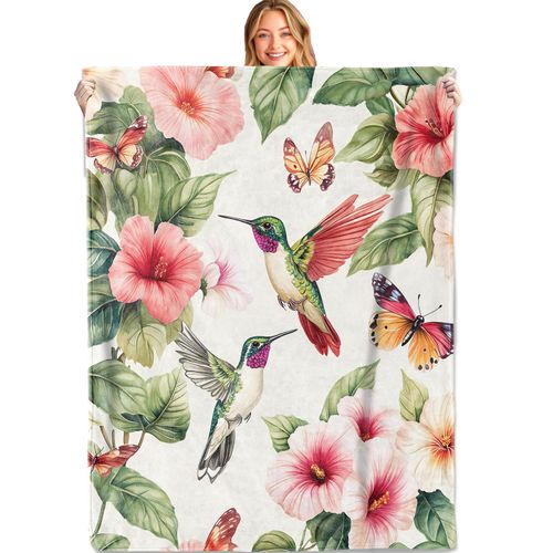 MIEPOS Tropical Hummingbird Throw Blanket, 50x60in, Soft, Lightweight Flannel,Colorful Bird and Butterfly with Hibiscus Flower Blankets, Gifts for Women, for Cottagecore Home Living Room Decor
