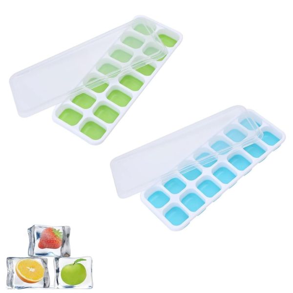 YFFSFDC Ice Cube Tray with Lid, 2 Pack 14 Cavities Silicone Ice Tray Ice Cube Maker Small Cube for Home Use (Blue + Green)