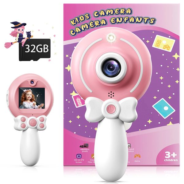 TEKFUN Kids Camera Toy for Girls Age 3-9, Magic Wand with Bow Handheld Camera, Portable 1080P HD Video Selfie Digital Camera with 32GB SD Card, Christmas Birthday Gifts for Toddler, Pink