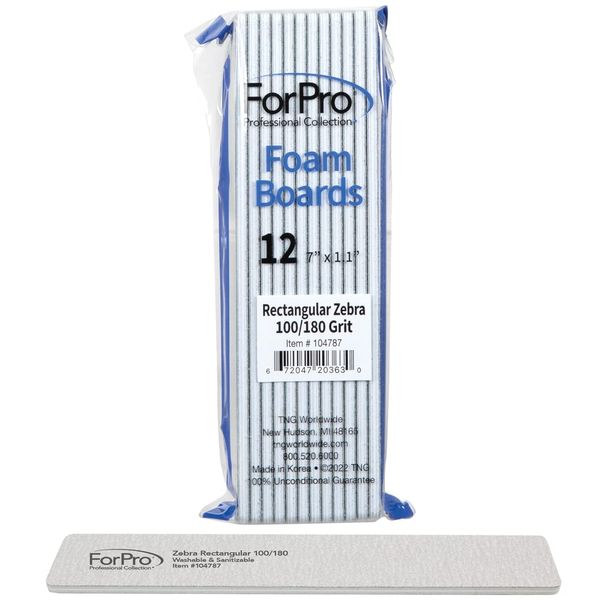 ForPro Rectangular Foam Boards, Zebra, 100/180 Grit, Double-Sided Manicure and Pedicure Nail Files, 7” L x 1.1” W, 12-Count