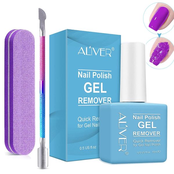 Gel Nail Polish Remover For Nails with Cuticle Pusher & Nail File Buffer, Gel Nail Remover, Quick & Easy Remove Gel Polish In 2-3 Mins, No Soaking or Wrapping