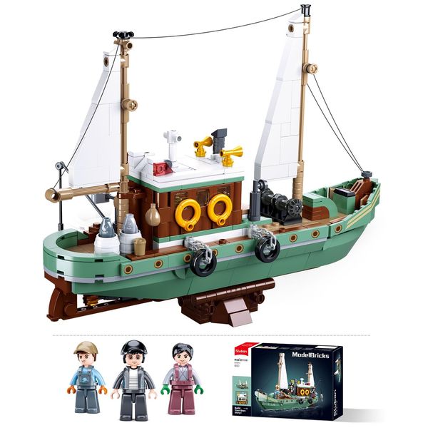 City Fishing Boat Building Set with 3 Fisherman Minifigures, Ship Building Kit with Fishing Toys, Christmas Birthday Gifts Toys for Adults Kids, Compatible with Lego Boat Ship, 610 PCS