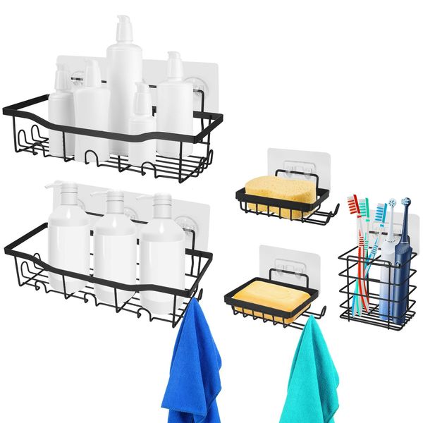 5 Pack Shower Caddy Shelves with 18 Inbuilt Hooks Rustproof Wall-Mounted Storage Shelves for Bathroom Dorm Kitchen Adhesive Bathroom Organizer for Sha - Black