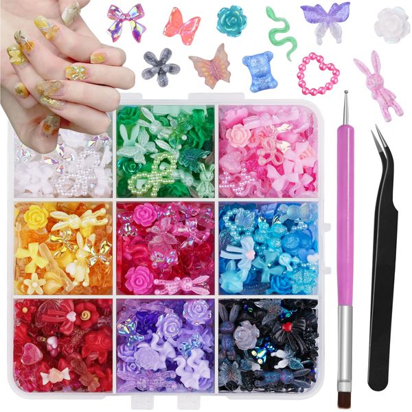 editTime 630PCS 3D Mixed Nail Art Charms Kit, Resin Camellia Rose Flower Butterfly Bow Moon Heart Star Bear Snake Hollow Pearl Big Nail Charm with Nail Charm Glue and Pickup Tools (A1-9Grids)