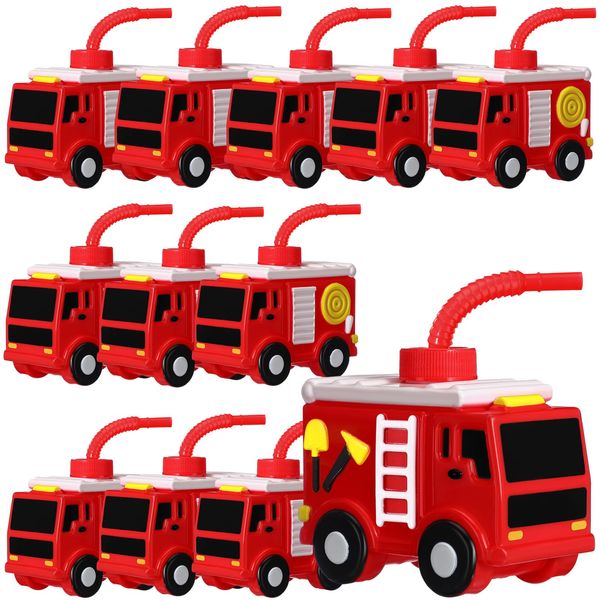 12 Sets Firefighter Party Favor Gift Supplies Fire Truck Cups with Straws, Plastic Fire Truck Shape Cup Reusable Firefighter Party Plastic Cups Bulk Party Favor for Car Birthday Party Supplies