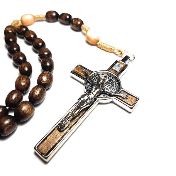 Made in Italy Rosary Blessed by Pope Francis Vatican Rome Holy Father Medal Cross Saint Benedict Patron Saint of Students, Christian Values Honor Veterans US Army solders Addiction Dependence (Brown)