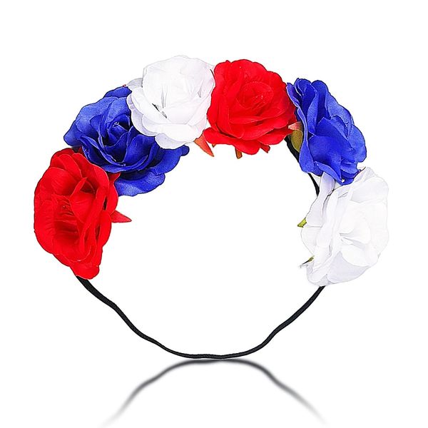 Flower Crown Headband Red White Blue Rose Floral Hair Wreath Hairband Patriotic Hair Accessories 4th of July Celebration Headpiece for Women Girls Kids Independence Day Memorial Day Party Favor 1Pcs