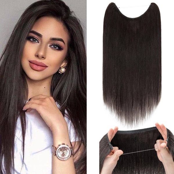 22inch Invisible Wire In Hair Extensions Real Remy Human Hair One Piece Natural Hairpiece Extensions #1B Natural Black