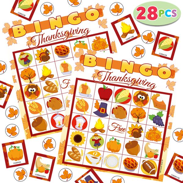 JOYIN 28 Players Thanksgiving Bingo Cards (5x5) for Kids Family Activities, Party Card Games, School Classroom Games, Turkey Party Favors Supplies