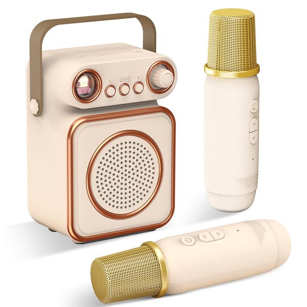 Qoosea Mini Karaoke Machine with 2 Wireless Microphones Portable Bluetooth Microphone with Speaker for Kids and Adults Speaker with Light Birthday Gifts for Girls Ages 4~12+ Years Old (Beige)