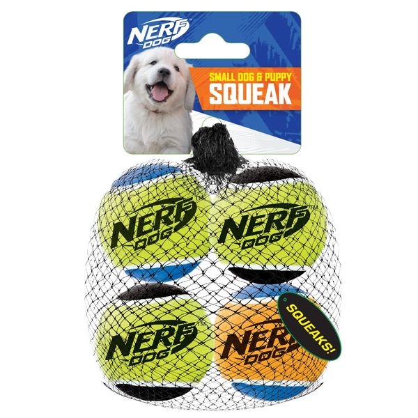 Nerf Dog Tennis Ball Dog Toys with Interactive Squeaker, Lightweight, Durable and Water Resistant, 1.75 Inches, For Small Breeds, Mixed Colors, 4 Count(Pack of 1)