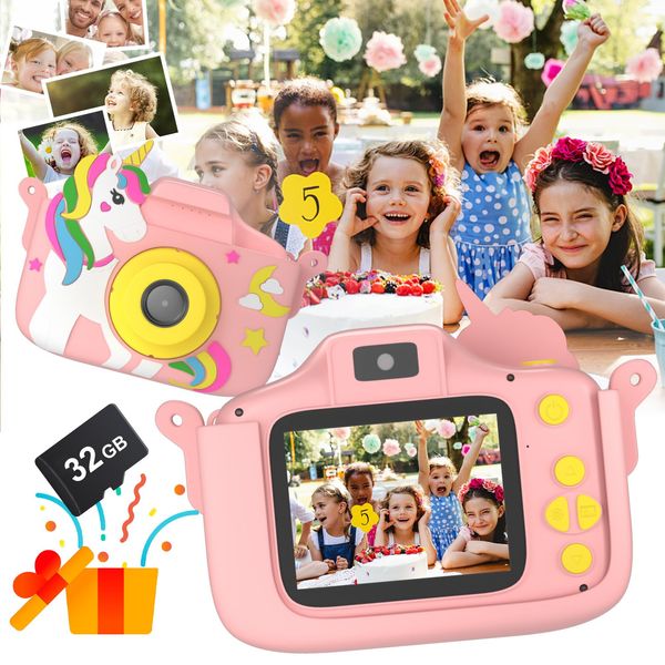 Kids Camera, Toddler Digital Camera for Ages 3-12 Girls, Christmas Birthday Gifts, Kid Selfie 1080P HD Video Camera with 32GB SD Card, Portable Toy for Toddler with Cartoon Sort Silicone Cover (Pink)