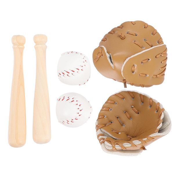 SHINEOFI 2 Sets Miniature Baseball Bats Gloves Kit Simulation Baseball Model Toys Mini Sports Baseball Bat Glove and Ball Set for Dollhouse Accessories Crafts Project Decoration, Khaki