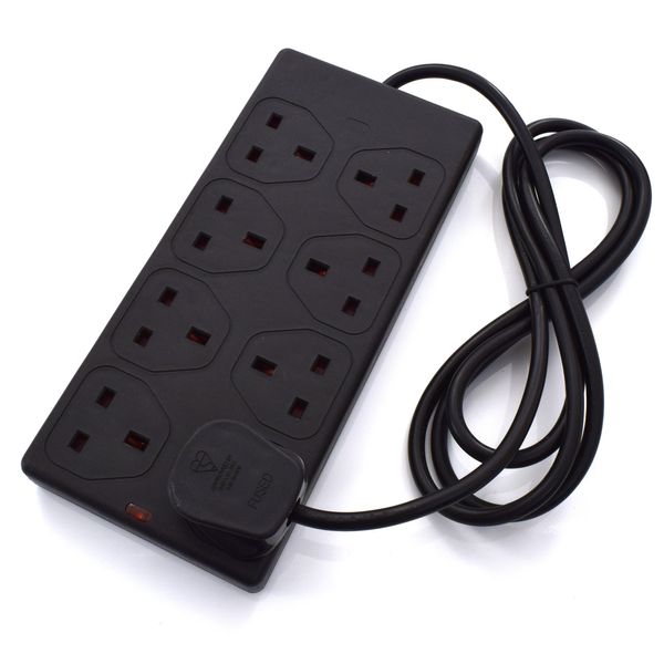 8-Way Extension Lead - Eight Gang Multi Plug Socket - Black/White Power Cable 2m Black