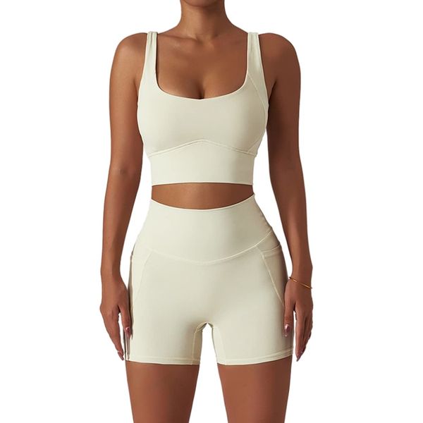 Belriviere Seamless Workout Sets for Women Sports Bras Biker Shorts with Pockets 2 Piece Set Gym Yoga Fitness Outfits S Cream White