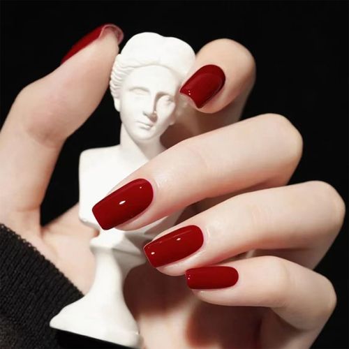 24pcs Medium Square False Nails Burgundy Stick on Nails Press on Nails Removable Glue-on Nails Fake Nails Acrylic Full Cover Nails Women Girls Nail Art Accessories