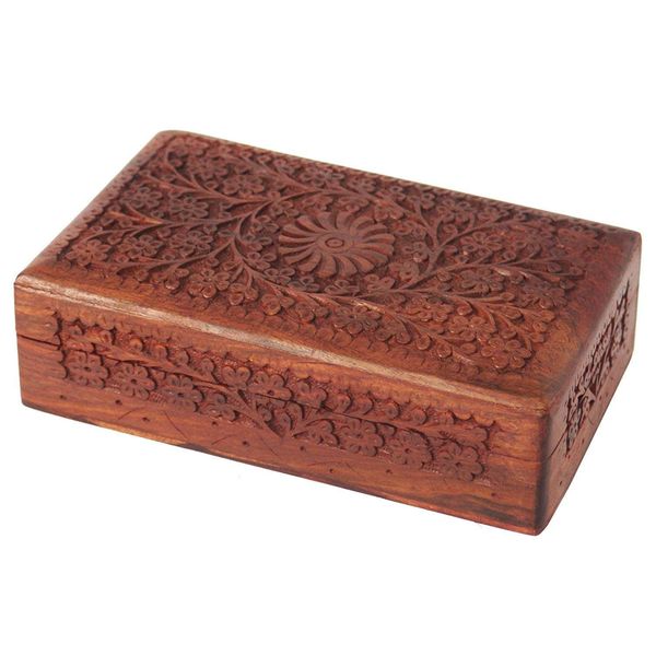 STORE INDYA Handcrafted Wooden Jewelry Box for Men & Women - Floral Decorative Keepsake Treasure Chest, Multipurpose Storage Box, 20X13 CM