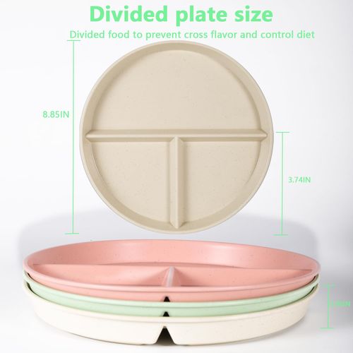 Divided Dinner Plates, 3pcs Portion Control Divided Plates, 8.85" Unbreakable Divided Plates Compartment Plates, Divided Diet Plates Tray Reusable Dishes for Children Kids Adult, Microwave Safe