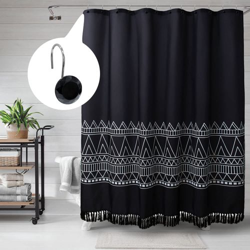 MitoVilla Black Shower Curtain Hooks Rings, Metal Shower Hooks for Shower Curtain Liner, Black Rust Proof Shower Rings for Curtain Accessories and Bathroom Shower Rod, 12 Pack Bathroom Set