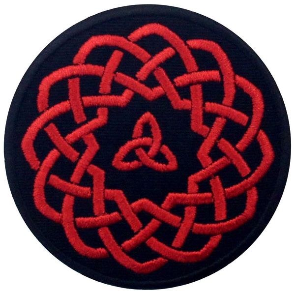 Celtic Knot Circle Patch Embroidered Applique Iron On Sew On Emblem, Red & Black
