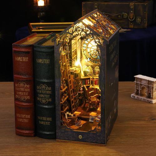 DIY Book Nook Kit - DIY Miniature Dolls House Kit with Furniture and LED Light, 3D Puzzle Wooden Art Bookends, Model Kits for Adults to Build (Detective Agency)