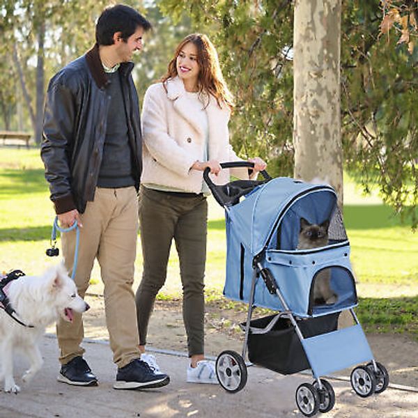 Foldable Dog Stroller Pet Carriage for Pets with Carrier Cart Cup Holder Blue