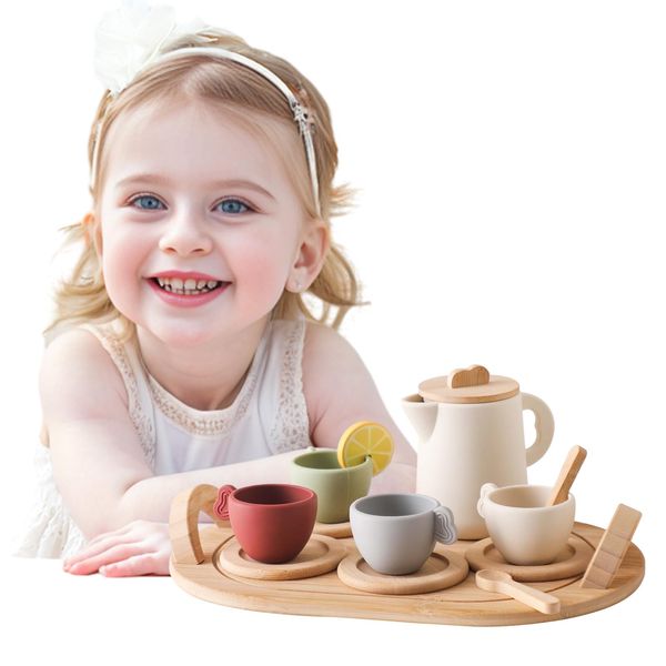 Gitohoni Silicone Tea Set Kids, Toddler Tea Sets for Little Girls 3-5, Pretend Party Play Toys Kitchen Accessories for Boys with Soft Teapot Cups Wooden Saucers