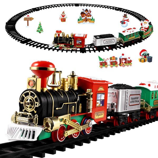 Toyvian Christmas Train Set Festive Battery Powered Train Model Mini Train Lights & Sound, Railway Kits Steam Locomotive Engine, Lights & Sound, Railway Kits