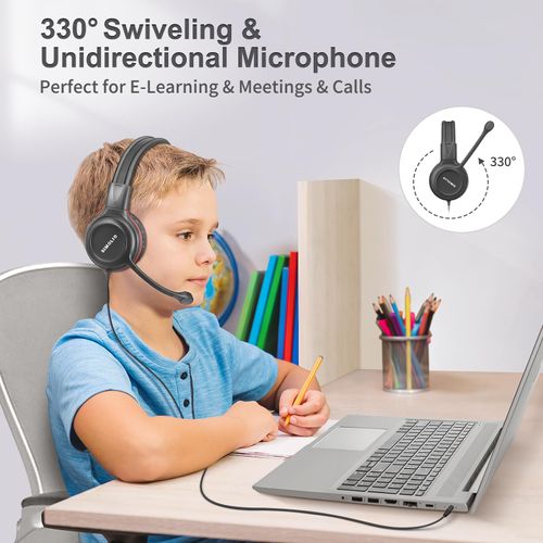 SIMOLIO Headphones Wired Kids with Boom Microphone for School & Meeting & Gaming, 3 Levels Hearing Protection Headphones with Mic for Boys, Girls, Children, Teens, Stereo Durable Headsets for iPad, PC