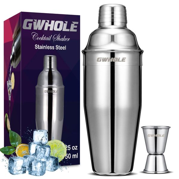 GWHOLE 3 Pcs Cocktail Shaker Cocktail Making Set 750 ml with Recipes (e-Book), Built-in Strainer, Double Measurer Jigger