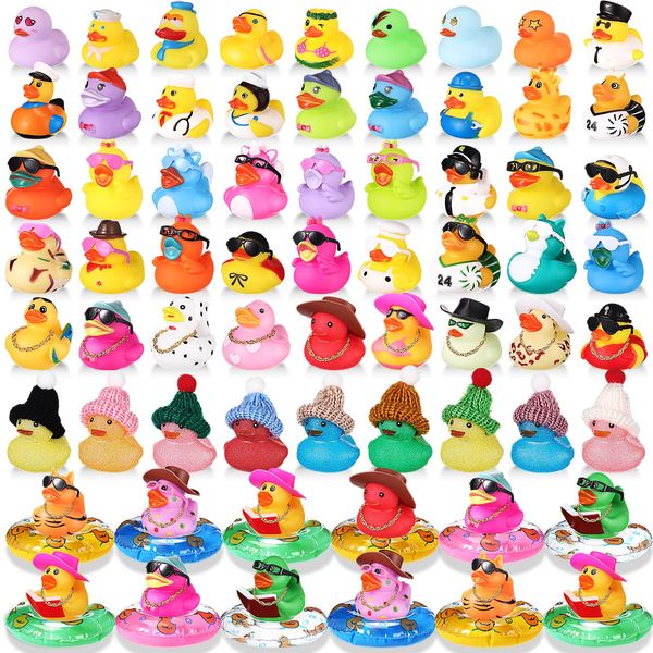 Sratte 140 Pcs Rubber Mini Duck Bulk Halloween Assorted Rubber Ducks Dashboard Decoration Bath Toy Little Duck Sunglasses Necklace Hat Swim Circle Hat for Halloween Birthday Swimming Party Gift Favor