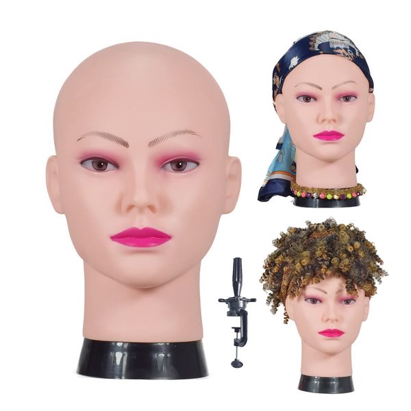 BLTYXT Skin Head Mannequin Head Professional Beauty Wig Training Head Wig Making And Exhibiting Cap Glasses Muffler Jewelry Model Headband Free Clamp Stand