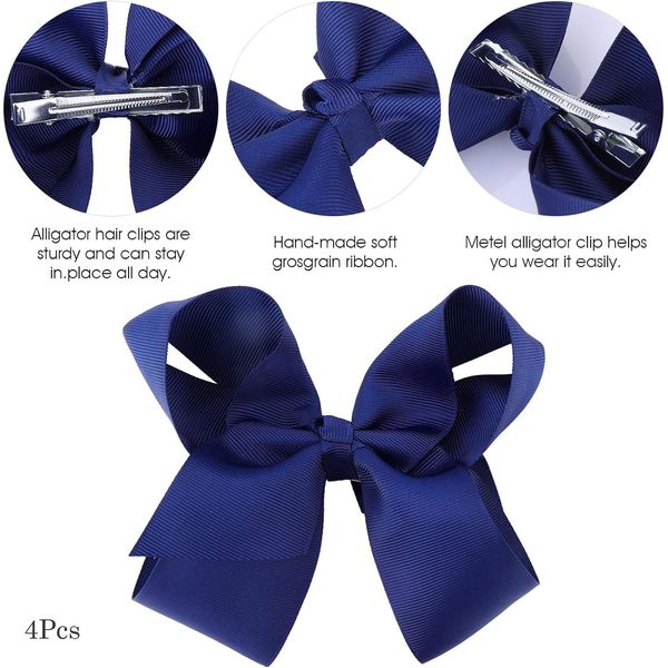 4Pcs Navy Blue Hair Bows, Spiral Ribbon Bow Hair Clips,Long Ponytail Barrette, Light Fine Hairbows Accessories for Toddler Teens Girls