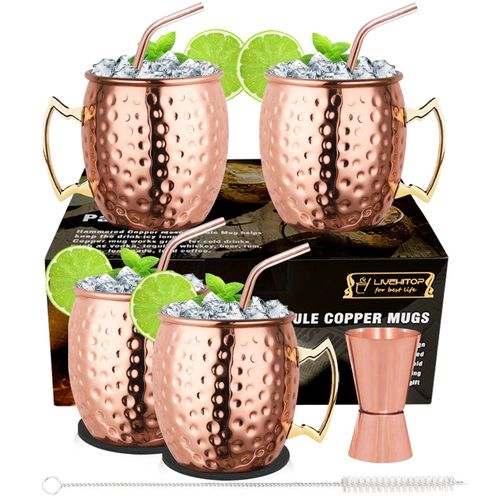 LIVEHITOP Moscow Mule Mugs, 4 Pieces, Copper Cups with 4 Subcadastres, 4 Straws, Brush Jigger and Straw, Cup Gift Set for Home, Bar, Party (4)