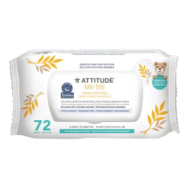 ATTITUDE Oatmeal Sensitive Natural Baby Care Wipes, Hypoallergenic, Vegan and Cruelty-Free, Unscented, 72 Wipes