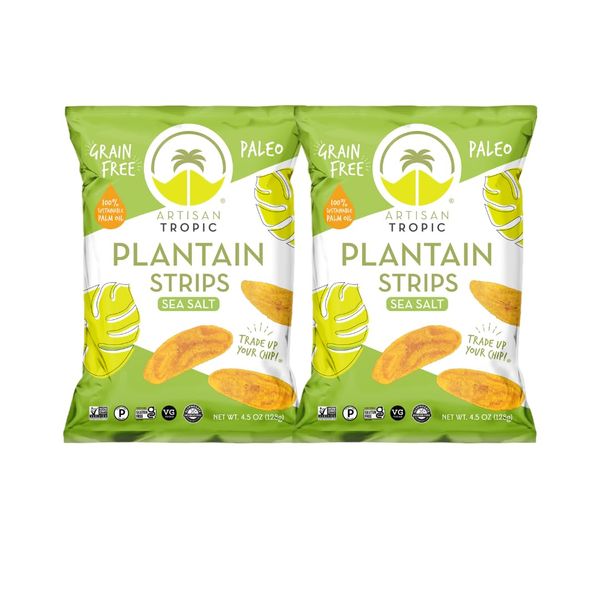 ARTISAN TROPIC Plantain Strips Sea Salt - 2 Pack, 4.5oz - Vegan, Paleo, Gluten Free Chips – Whole 30 Approved Foods Non-GMO Healthy Snack for Lunches, Dipping, Parties - Baked Banana Chips