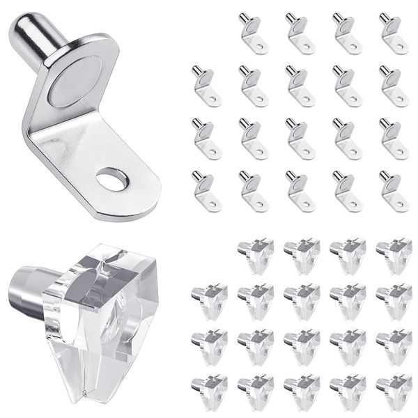 40 Pcs Shelf Support Pegs，1/4 Inch Diameter L-Shaped Perforated Nickel Plated Shelf Pins（20pcs) & 5 Millimeters Transparent Plastic Shelf Bracket Shelf pins for Bookshelf Kitchen Cabinet Shelf Pegs.