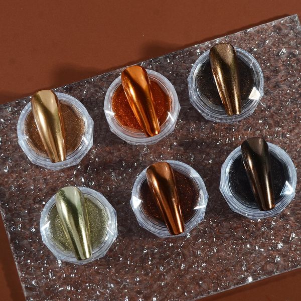 Chrome Nail Powder Set, 6 Maillard Colors Metallic Brown Chrome Nail Powder Mirror Effect Brown Pigment Chrome Powder Manicure Nail Glitter Dust with Sponge Applicators