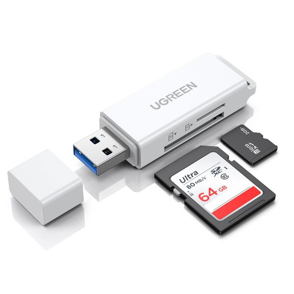 UGREEN SD Card Reader, USB 3.0, Micro SD Reader, Ultra Small, Simultaneous Reading, High Speed Transfer, Compatible with MacOS, Windows, Computers, SD MicroSD, SDXC, SDHC and More (White)