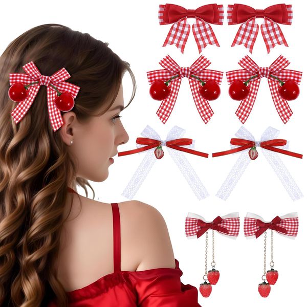 8Pcs Cherry Strawberry Hair Clips, Cute Strawberry Bow Hair Accessories, Small Red Plaid Bow Barrette White Bowknot Lace Hair Ribbon, Lolita Bow Alligator Clip for Women Girls Christmas Hairpin