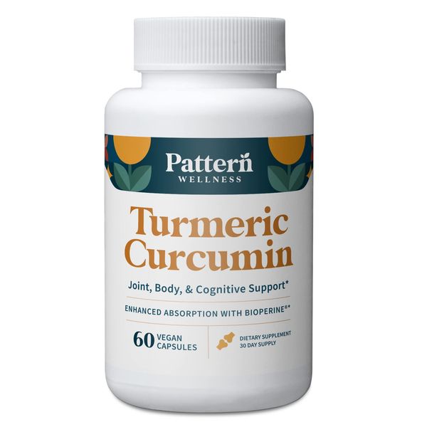 Pattern Wellness Turmeric Curcumin - 1300mg - 95% Curcuminoids with Bioperine Black Pepper Extract - Natural Joint, Health & Cognitive Support - Non-GMO, Gluten Free - 60 Capsules