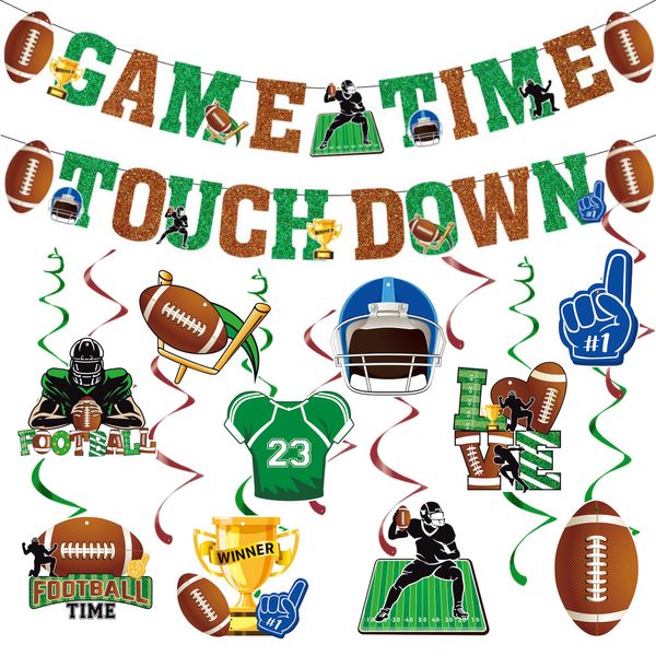 Football Party Decorations Set Football Banner Game Time Garland & Wall Hanging Swirls Spirals Streamers for Football Party Supplies & Sports Birthday Decorations