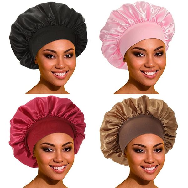 Sleep Satin Bonnet Silk Bonnet Hair Bonnet - Black Women&#39;s Bonnets 4 Pack Includes Wide Elastic Band for Curly Hair