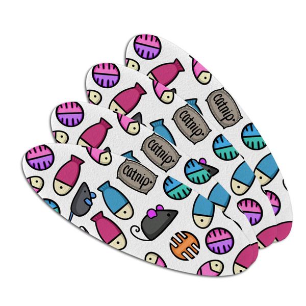 Cat Toys Mouse Fish Catnip Pattern Double-Sided Oval Nail File Emery Board Set 4 Pack