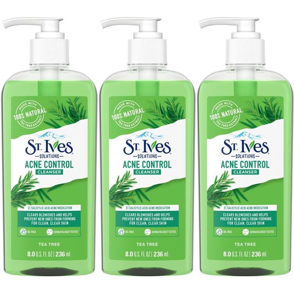 St. Ives Acne Control Face Cleanser Skin Care with 2% Salicylic Acid, and 100% Natural Tea Tree Extract 8 oz (Pack of 3)