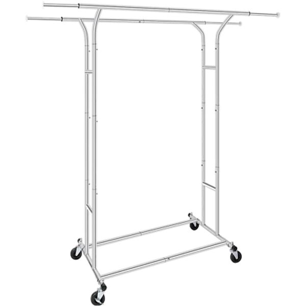 White Heavy Duty Double Rod Garment Rack for Hanging Clothes, Rolling Clothes Or