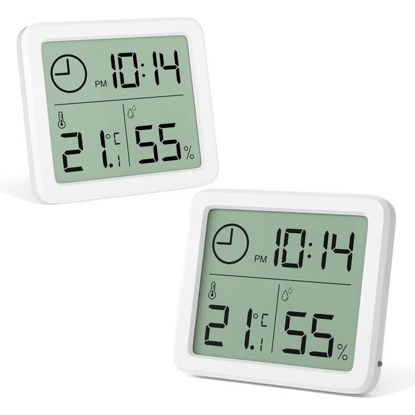 Gvolatee 2 pezzi Mini Termometro Digitale Ambiente Interno, Igrometro Portatile Grande Schermo con Orologio, Bianco Preciso Termoigrometro, Misuratore Umiditàper Casa, Cameretta, Ufficio, Serra